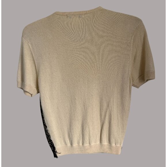 Behnaz Sarafpour Silk & Cashmere Lace Overlay Knit Top Short Sleeve Beige & Blac - Picture 7 of 8